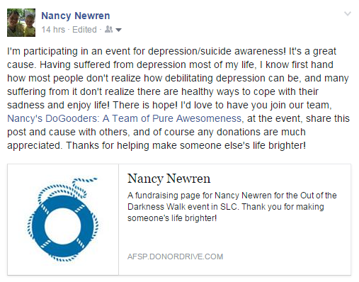 Nancy's FB post about the Out of the Darkness Walk SLC 2015